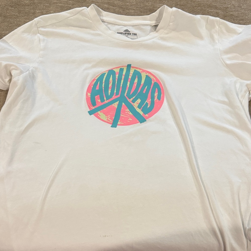 Adidas White Tee with Pink and Blue Logo
